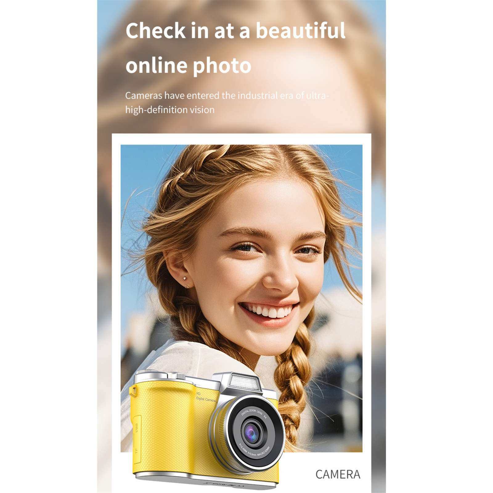 Eine lächelnde blonde Frau, die eine gelbe Kamera hält. Der Hintergrund hat einen blauen Himmel. Text: Checken Sie ein bei einem schönen Online-Foto.