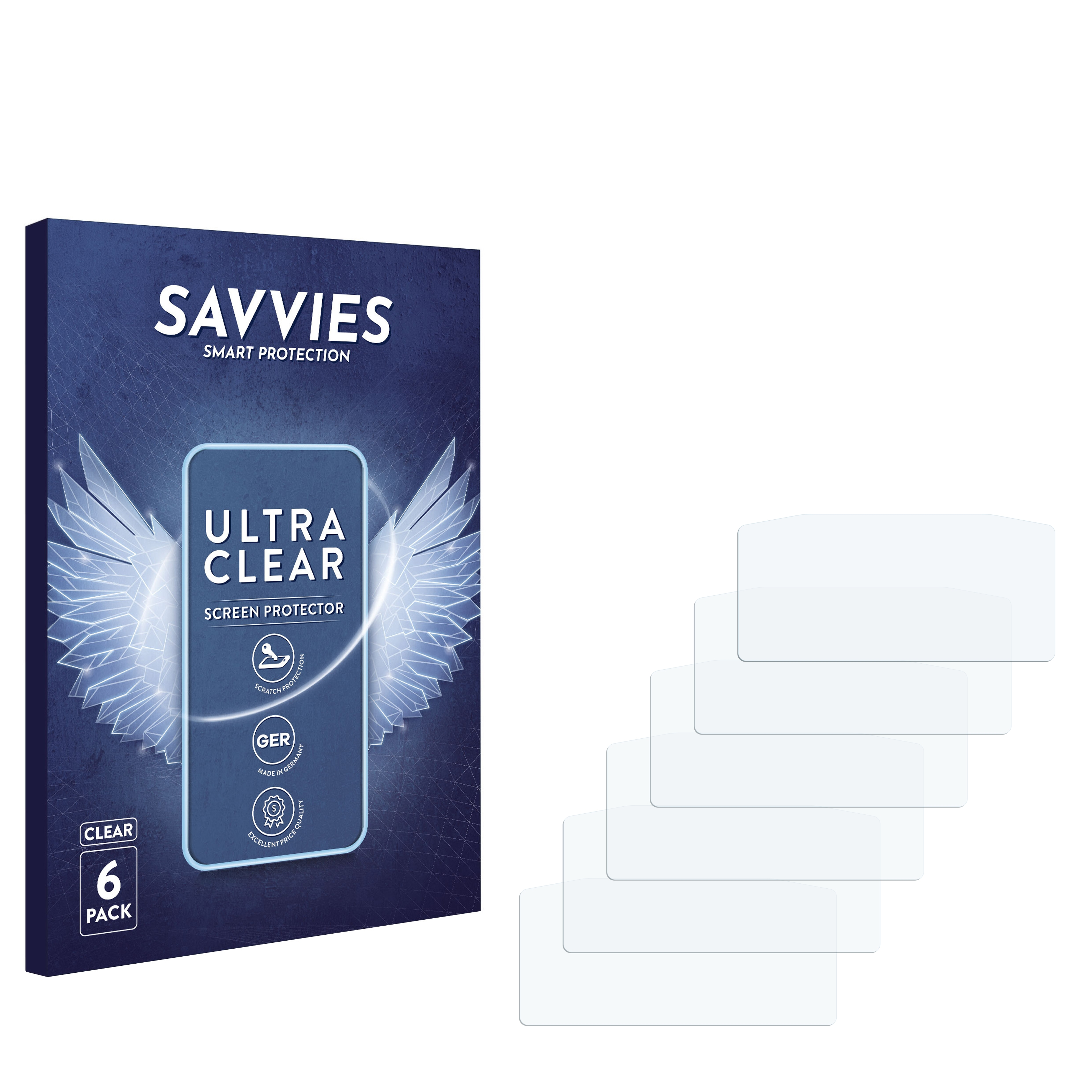 Eine Packung Displayschutzfolien mit 6 Stück. Die Schachtel zeigt ein Bild einer Displayschutzfolie mit dem Markennamen SAVVIES.
