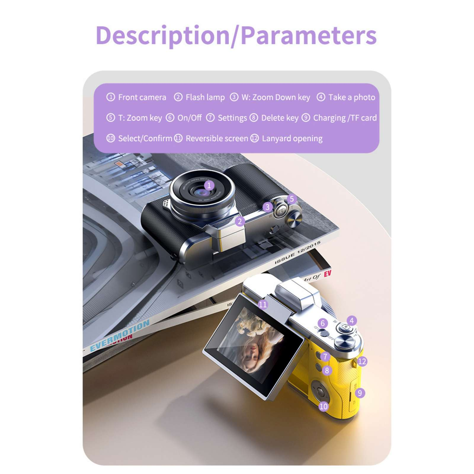 Eine gelb-silberne Digitalkamera auf einem Magazin. Es hat einen Bildschirm und mehrere Knöpfe.
