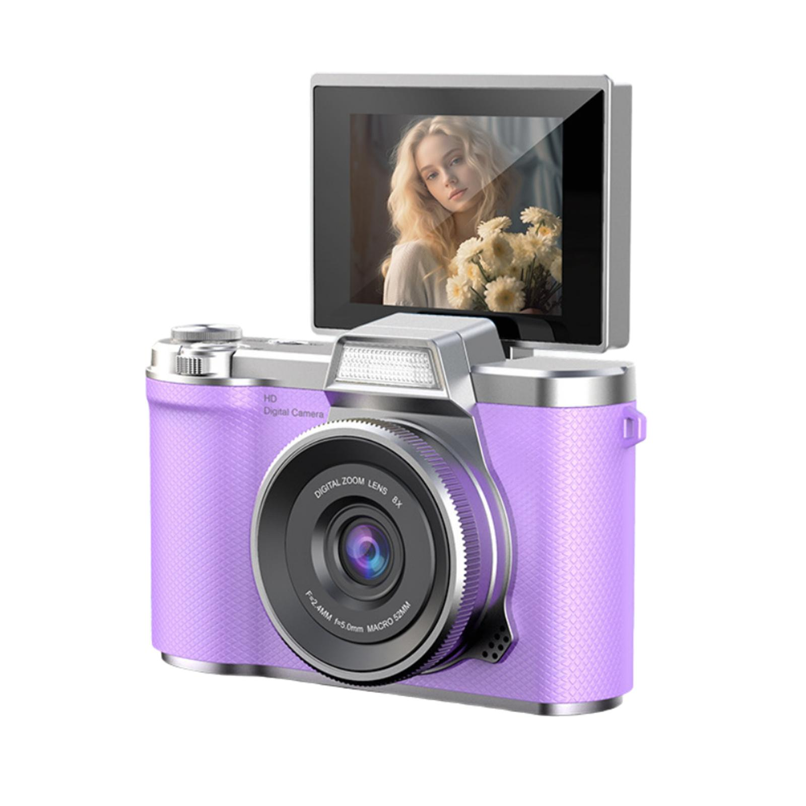 Lila Digitalkamera mit Bildschirm, auf dem eine Frau mit Blumen zu sehen ist. Objektivdetails umfassen Zoom- und Makroeinstellungen.