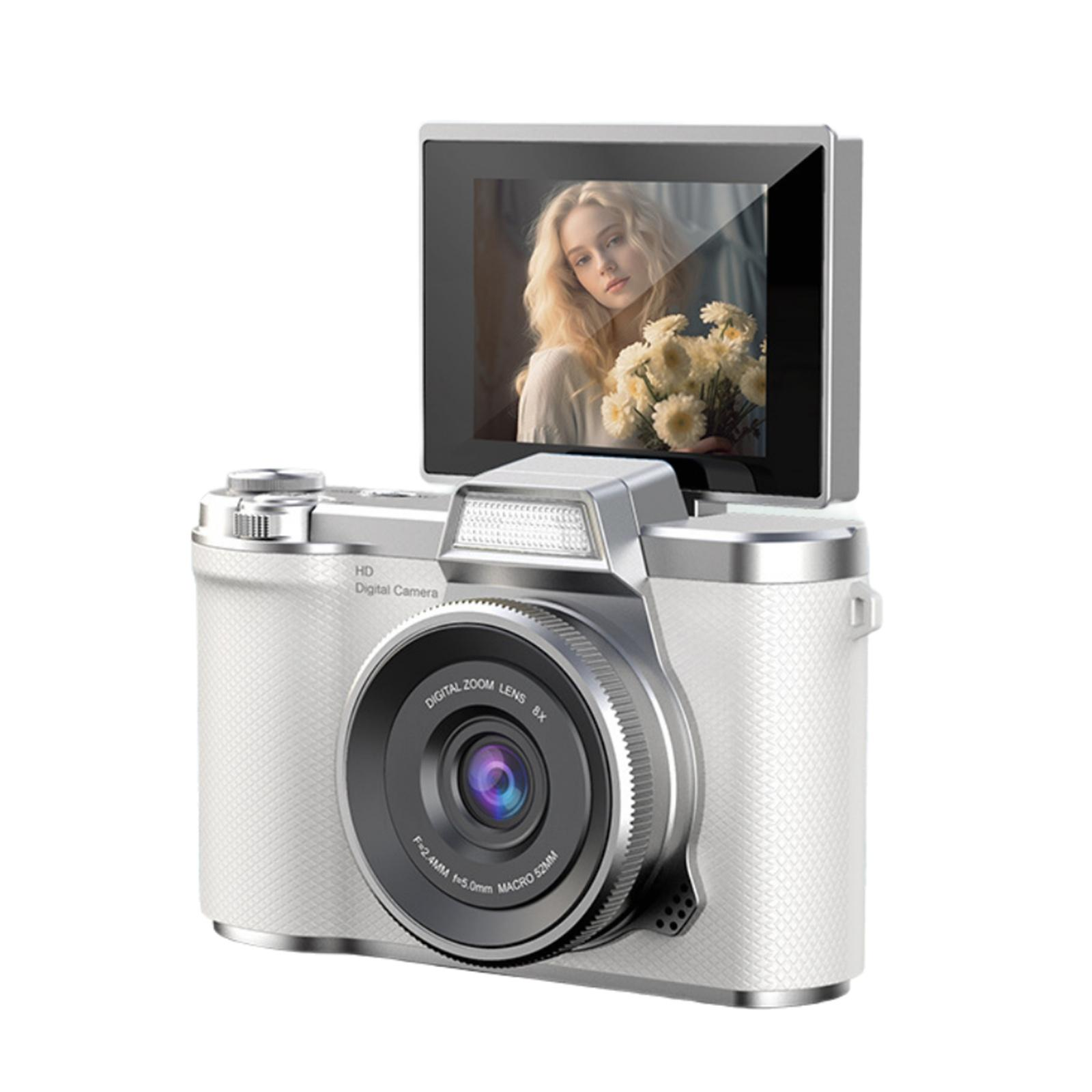 Eine weiße Digitalkamera mit einem Bildschirm, der eine Frau mit Blumen zeigt. Objektiv sagt Digitalzoom 8X.