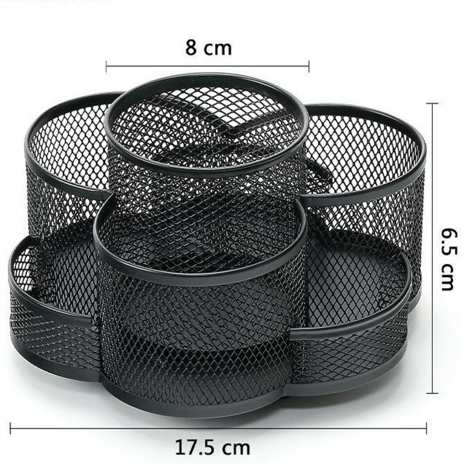 Ein schwarzer Schreibtisch-Organizer aus Netzstoff mit mehreren Fächern. Abmessungen sind 17,5 x 8 x 6,5 cm. Auf weißer Oberfläche.