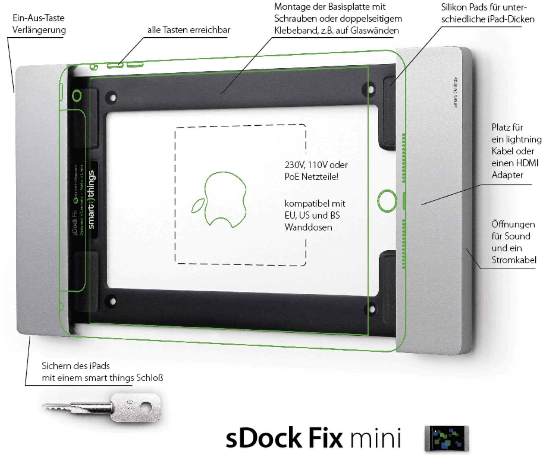Silberne iPad-Dockingstation mit schwarzem Rahmen. Merkmale: Verlängerung der Ein/Aus-Taste, Schlüsselschloss, Apple-Logo.