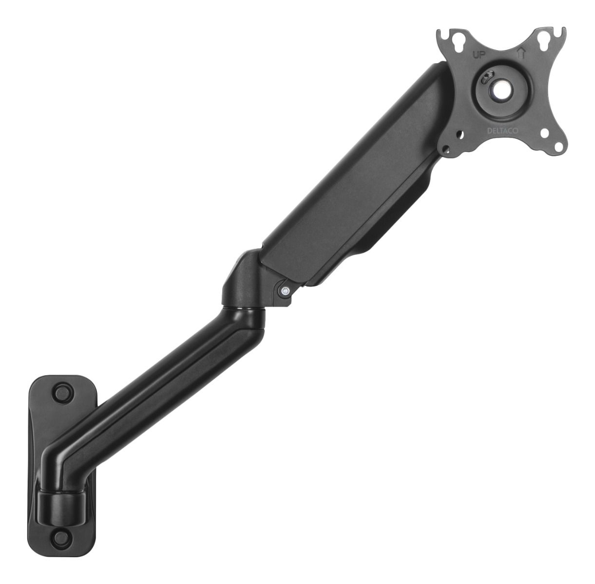Schwarzer Monitorarm auf weißem Hintergrund. Er hat eine Wandhalterung, einen verstellbaren Arm und eine Halterung mit 'UP' und 'DELTACO'.
