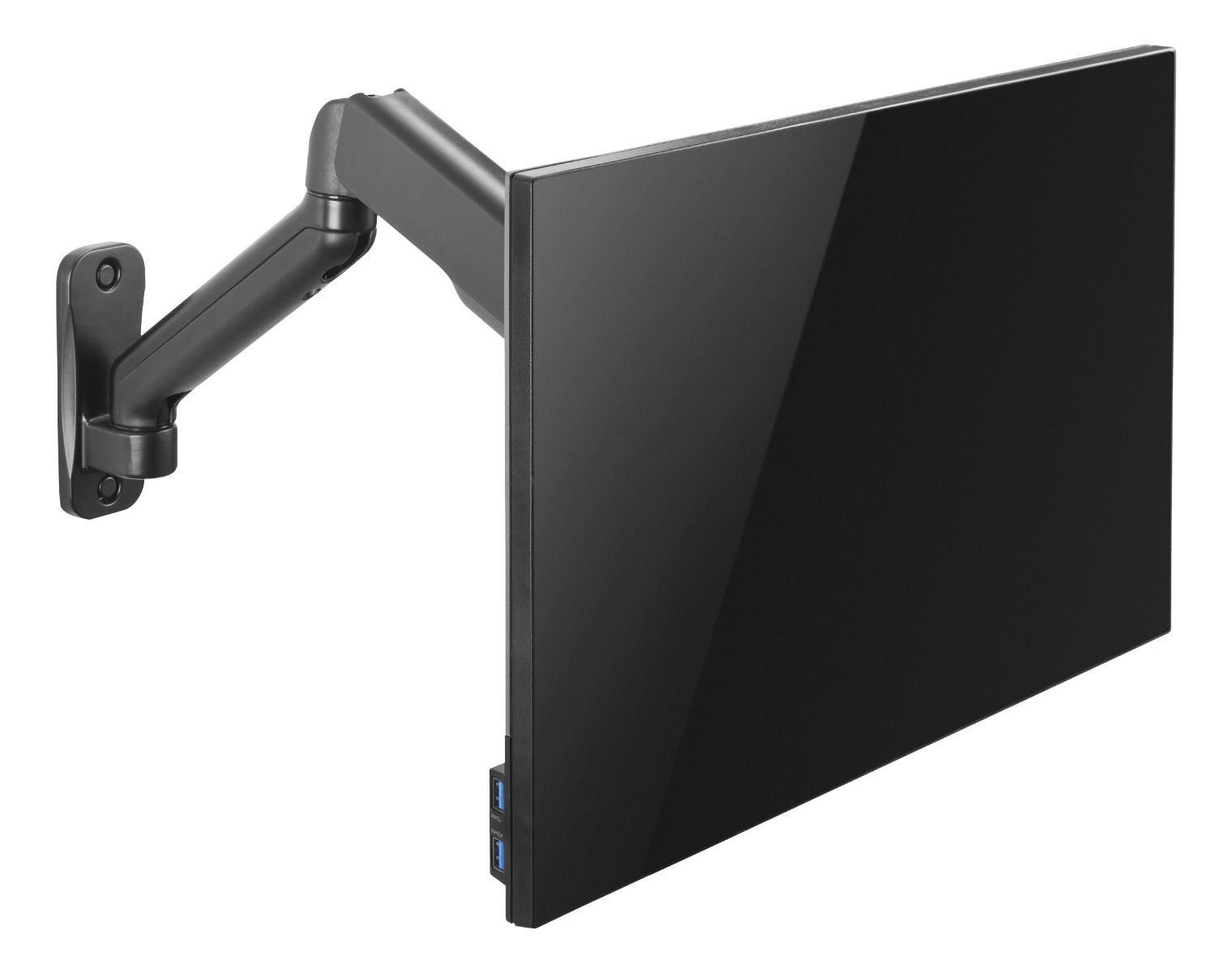 Ein schwarzer Computermonitor ist an einem schwarzen Arm befestigt, der an einer Wand angebracht ist. Der Bildschirm ist groß und rechteckig.