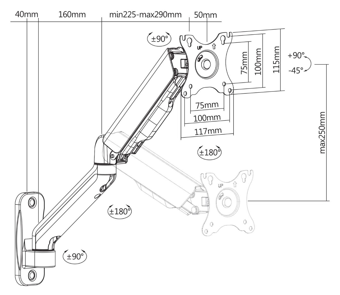 Diagramm eines Monitorarms mit Abmessungen und Winkeln. Enthält Wandhalterung, Armabschnitte und Monitorhalterung, mit Maßen in mm.