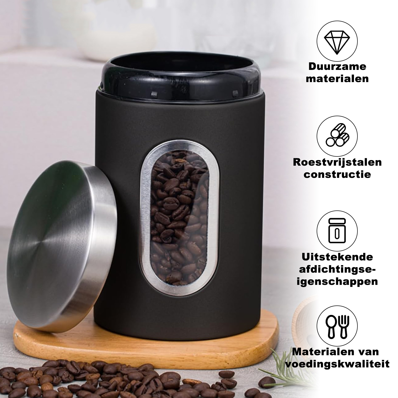 Schwarzer Kaffeebehälter mit Bohnen, Deckel offen. Holzsockel. Symbole rechts: langlebige Materialien, Edelstahl usw.