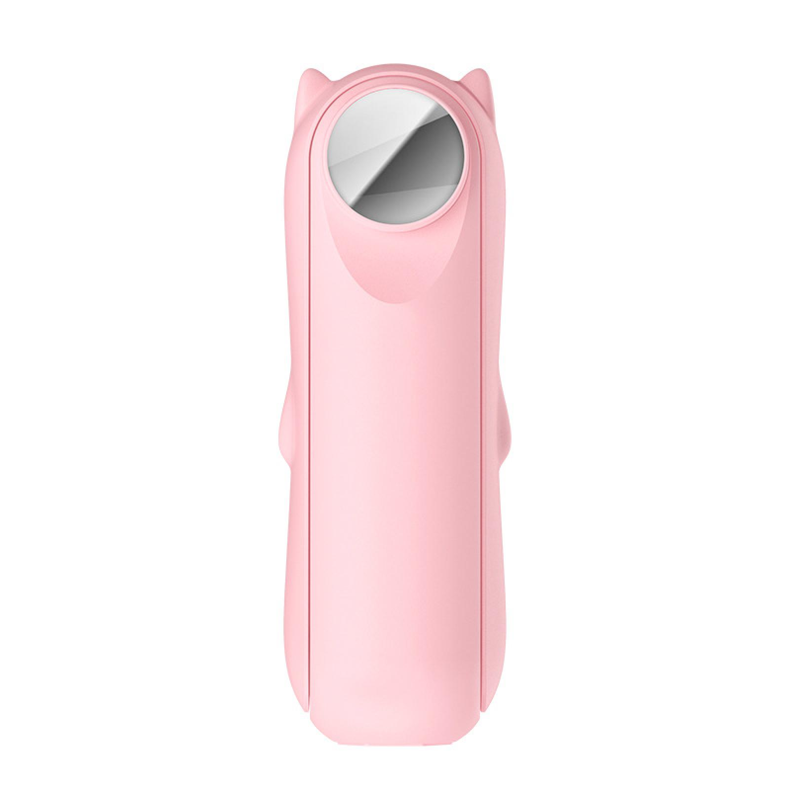 Ein rosa, katzenförmiges Gerät mit rundem Spiegel. Es steht aufrecht vor weißem Hintergrund.