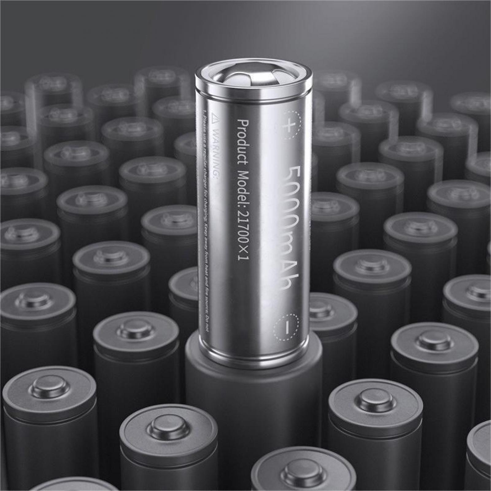 Nahaufnahme einer silbernen Batterie mit Text, umgeben von vielen dunklen Batterien. Die zentrale Batterie ist fokussiert.