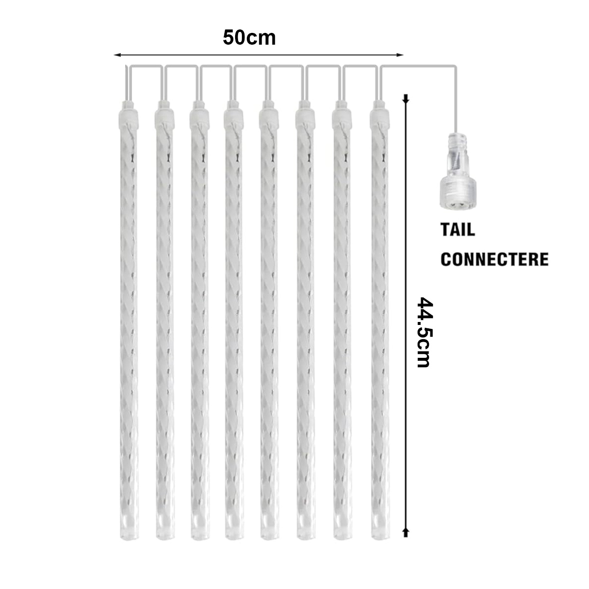 Klare, strukturierte Lichterketten, 44,5 cm lang, mit einer Stromquelle verbunden. Die Schnur ist 50 cm breit. Beschriftet 'TAIL CONECTERE'.