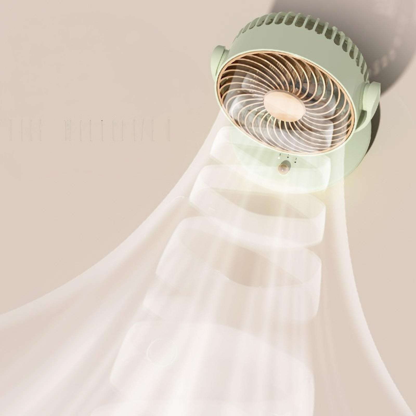 Ein mintgrüner Ventilator mit goldenen Details, schräg gestellt. Abstrakter Windeffekt im Vordergrund. Neutraler Hintergrund.