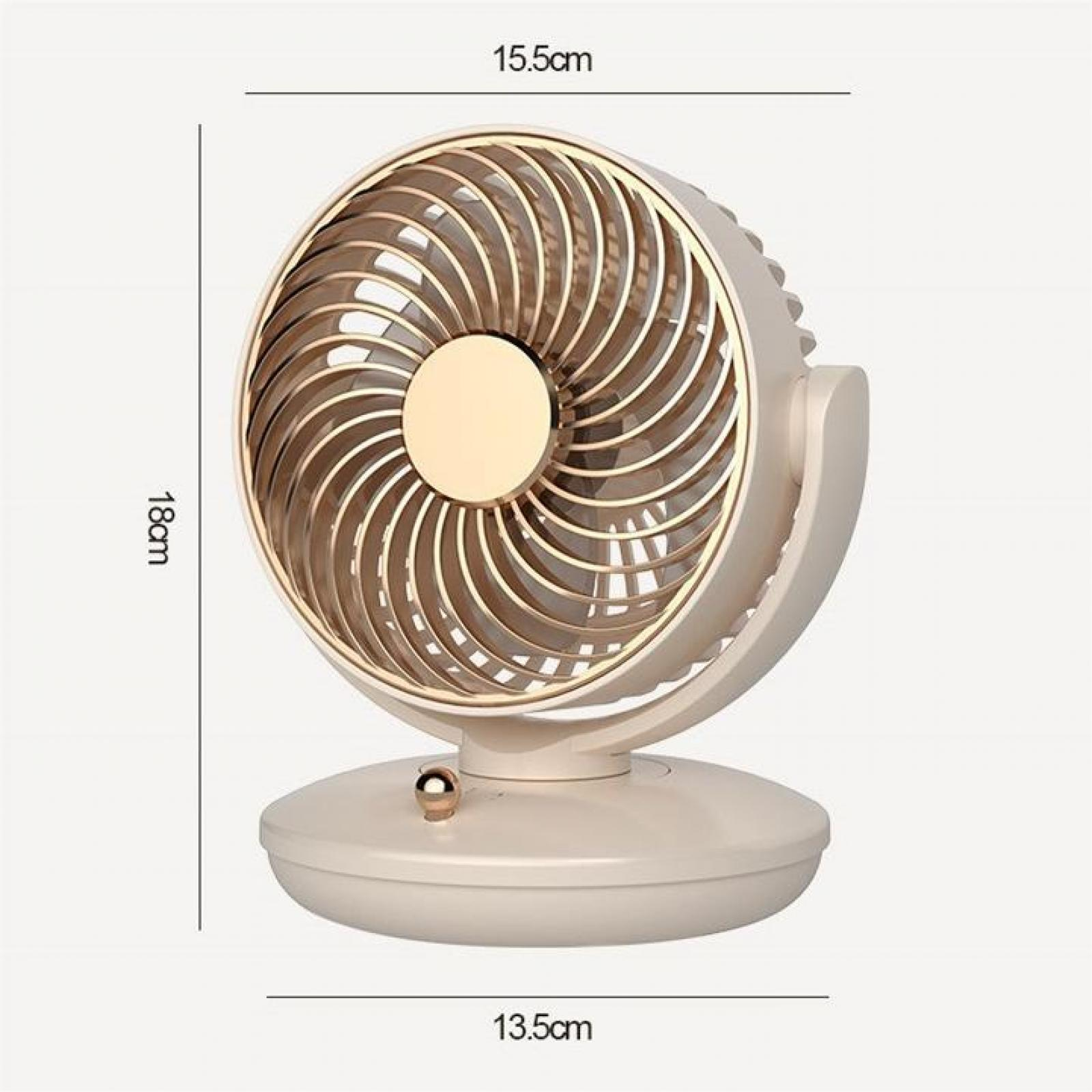 Ein beige-goldener Schreibtischventilator mit beschrifteten Abmessungen. Er hat einen runden Ventilatorkopf und eine kreisförmige Basis.