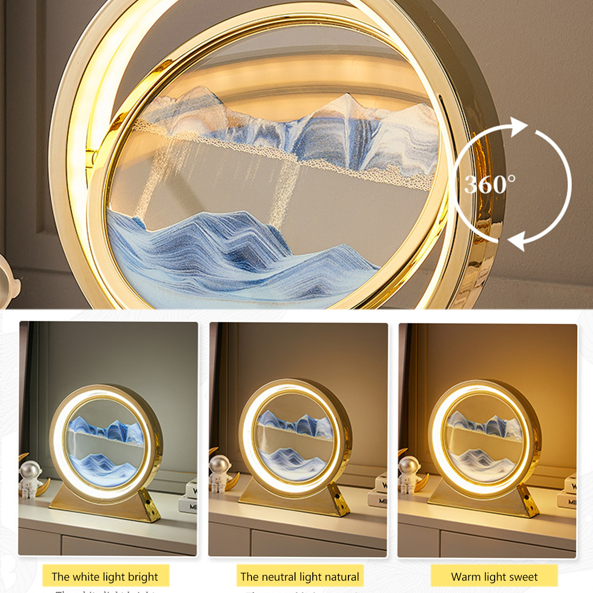 Eine goldene Sandkunst-Lampe mit 360°-Rotationsfunktion. Sie hat eine blaue Sandlandschaft im Inneren. Drei Lichtmodi sind unten abgebildet.