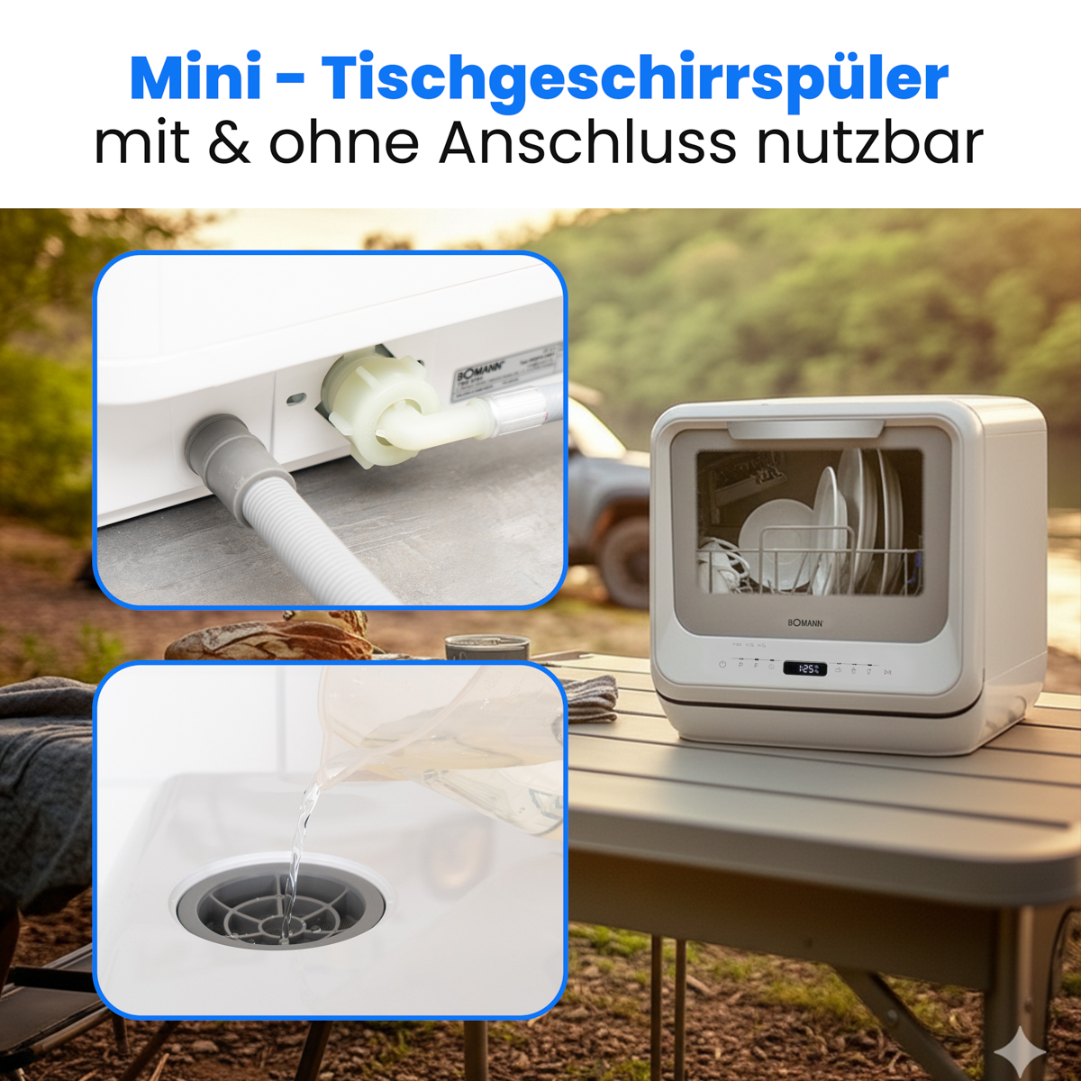 Biała mini zmywarka z naczyniami w środku oraz szczegóły podłączenia wody i odpływu. Powyższy tekst to 'Mini-Tischgeschirrspüler'.