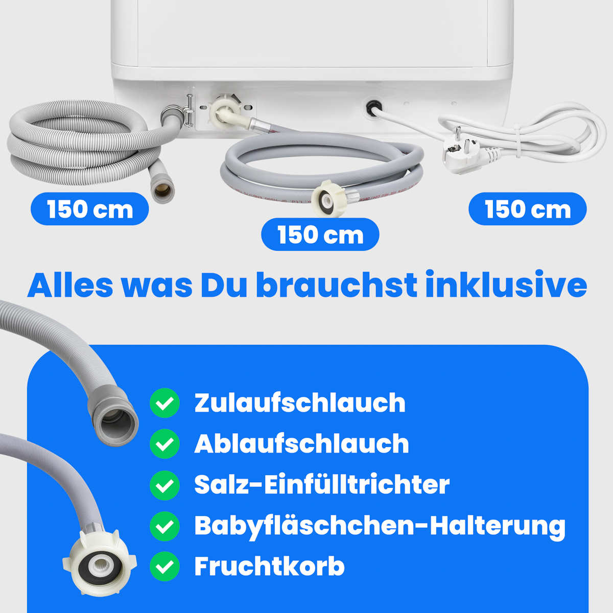 Obraz przedstawia części pralki: węże, przewód zasilający. Zawiera niemiecki tekst o dołączonych elementach, ze znacznikami.