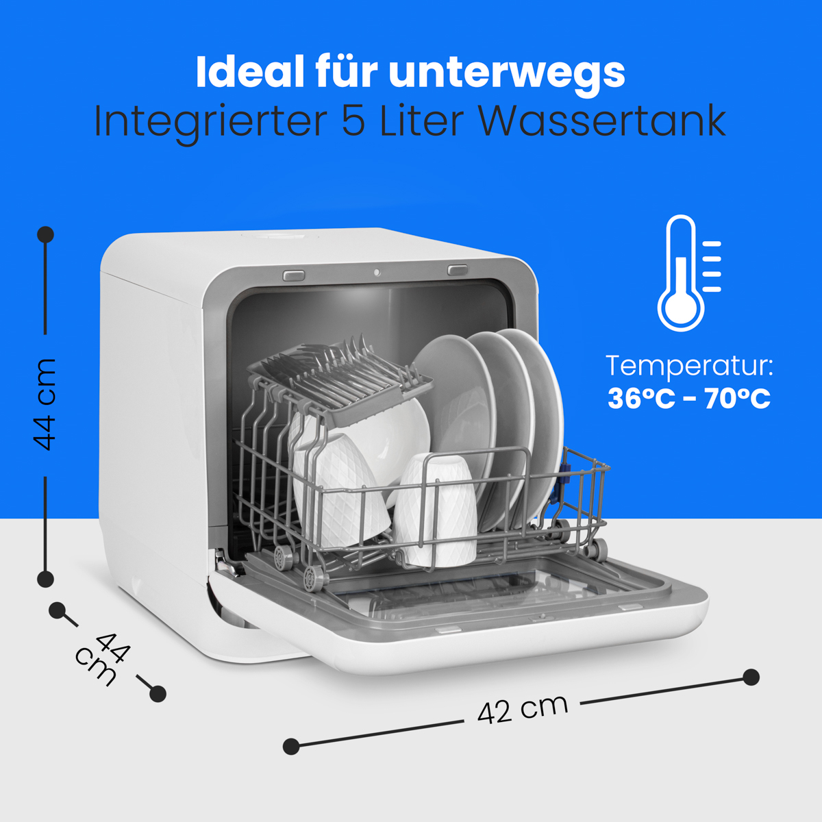 Biała przenośna zmywarka z naczyniami w środku, niebieskie tło z tekstem i ikoną termometru.
