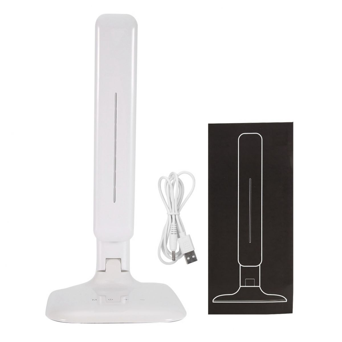 Eine weiße LED-Schreibtischlampe steht auf einer weißen Oberfläche. Ein weißes USB-Kabel und eine schwarze Box mit Lampenkontur daneben.