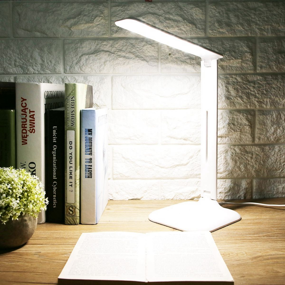 Eine weiße Schreibtischlampe beleuchtet Bücher und eine Pflanze. Bücher im Hintergrund. Ein offenes Buch im Vordergrund auf Holzuntergrund.