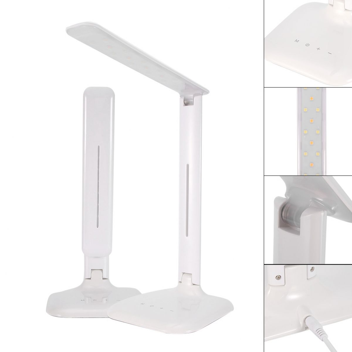 Weiße LED-Schreibtischlampe mit verstellbarem Arm und Fuß, mit Nahaufnahmen der Details.
