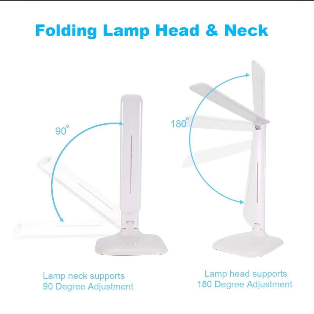 Diagramm einer weißen, zusammenklappbaren Lampe. Der Lampenhals unterstützt eine 90-Grad-Einstellung, der Kopf eine 180-Grad-Einstellung.