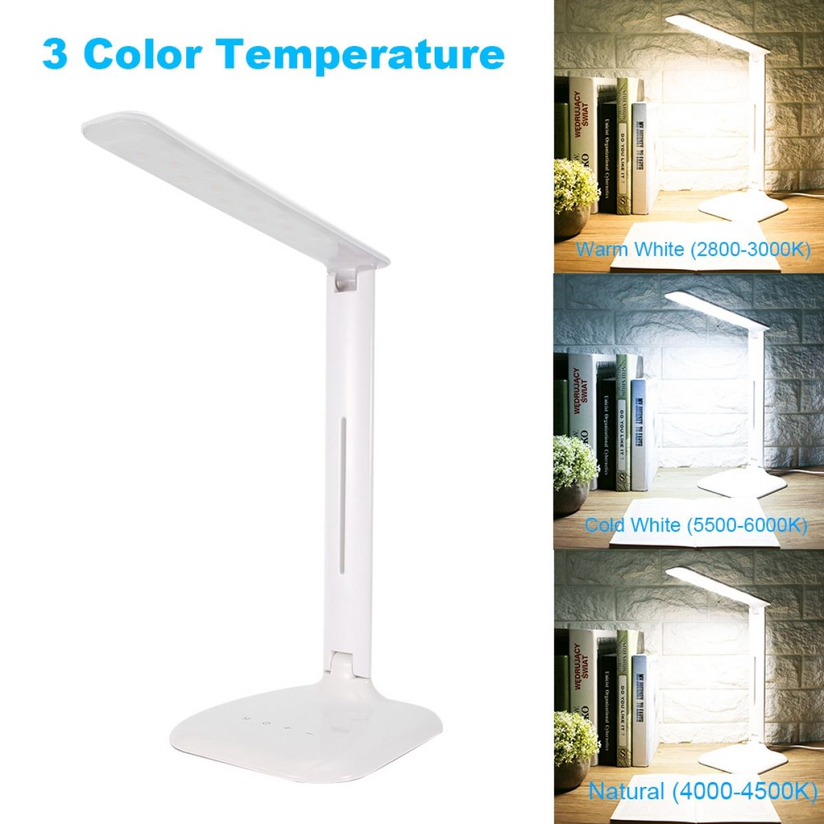Eine weiße LED-Schreibtischlampe mit dem Titel '3 Farbtemperatur' ist abgebildet. Drei Beleuchtungsoptionen werden angezeigt: warm, kalt und natürlich.