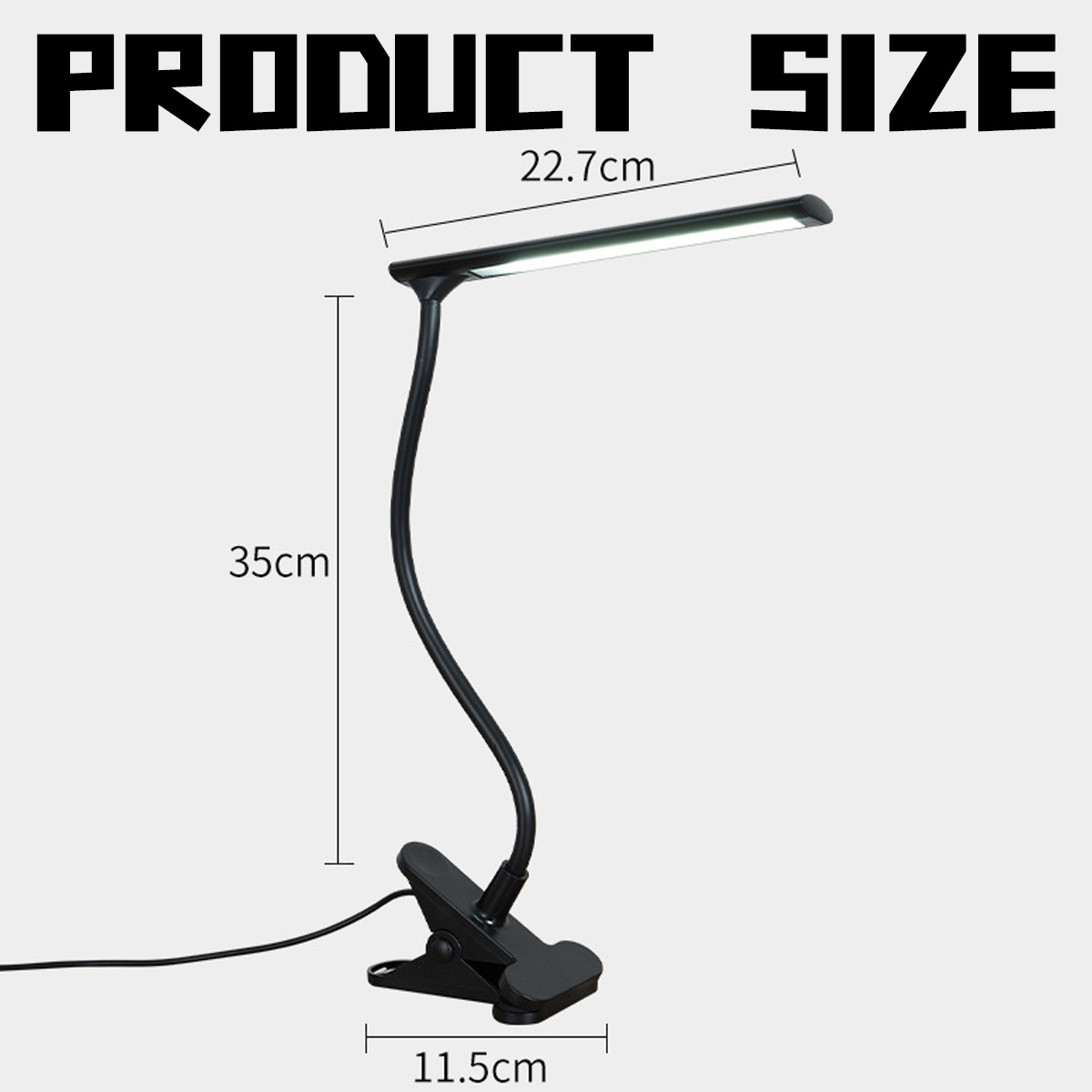 Eine schwarze LED-Schreibtischlampe mit den Maßen: 22,7 cm, 35 cm und 11,5 cm. Die Lampe steht vor einem hellgrauen Hintergrund mit Produktgrößenangabe.