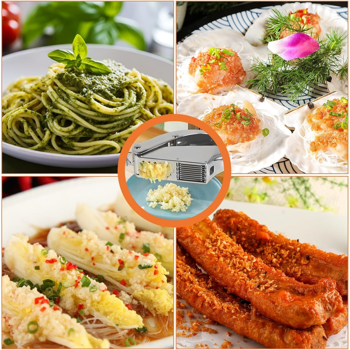 Das Bild zeigt verschiedene Gerichte: Pasta, Meeresfrüchte, Knoblauchpresse mit gehacktem Knoblauch und frittiertes Essen. Verschiedene Farben und Texturen sind sichtbar.