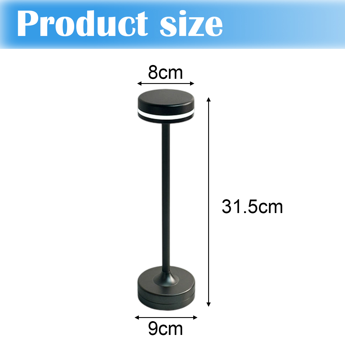 Eine schwarze Lampe mit den Maßen: 8cm oben, 9cm unten und 31,5cm hoch. Text oben: 'Produktgröße'.