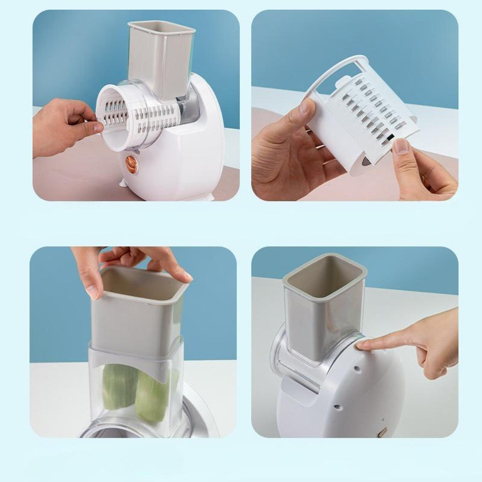 Ein weißer Food-Processor wird in verschiedenen Montageschritten gezeigt, wobei Hände Teile halten. Er hat einen grauen Behälter und einen Reibeteil.