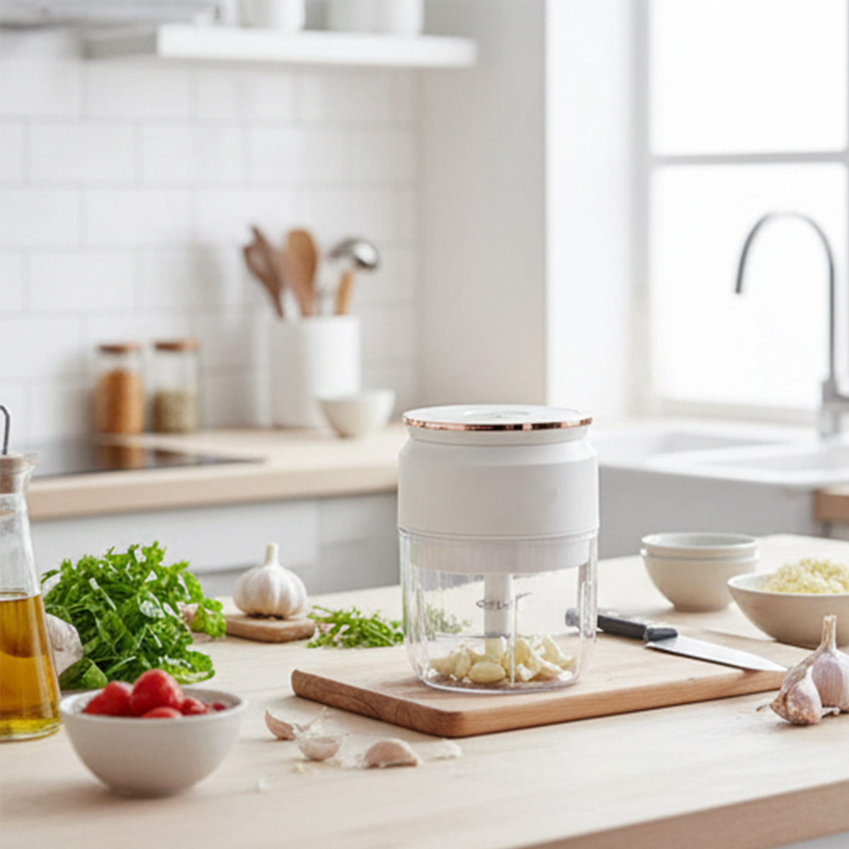 Küchenszene mit Küchenmaschine, Knoblauch, Tomaten und Kräutern auf einer Holz-Arbeitsplatte. Im Hintergrund Spüle und Schränke.