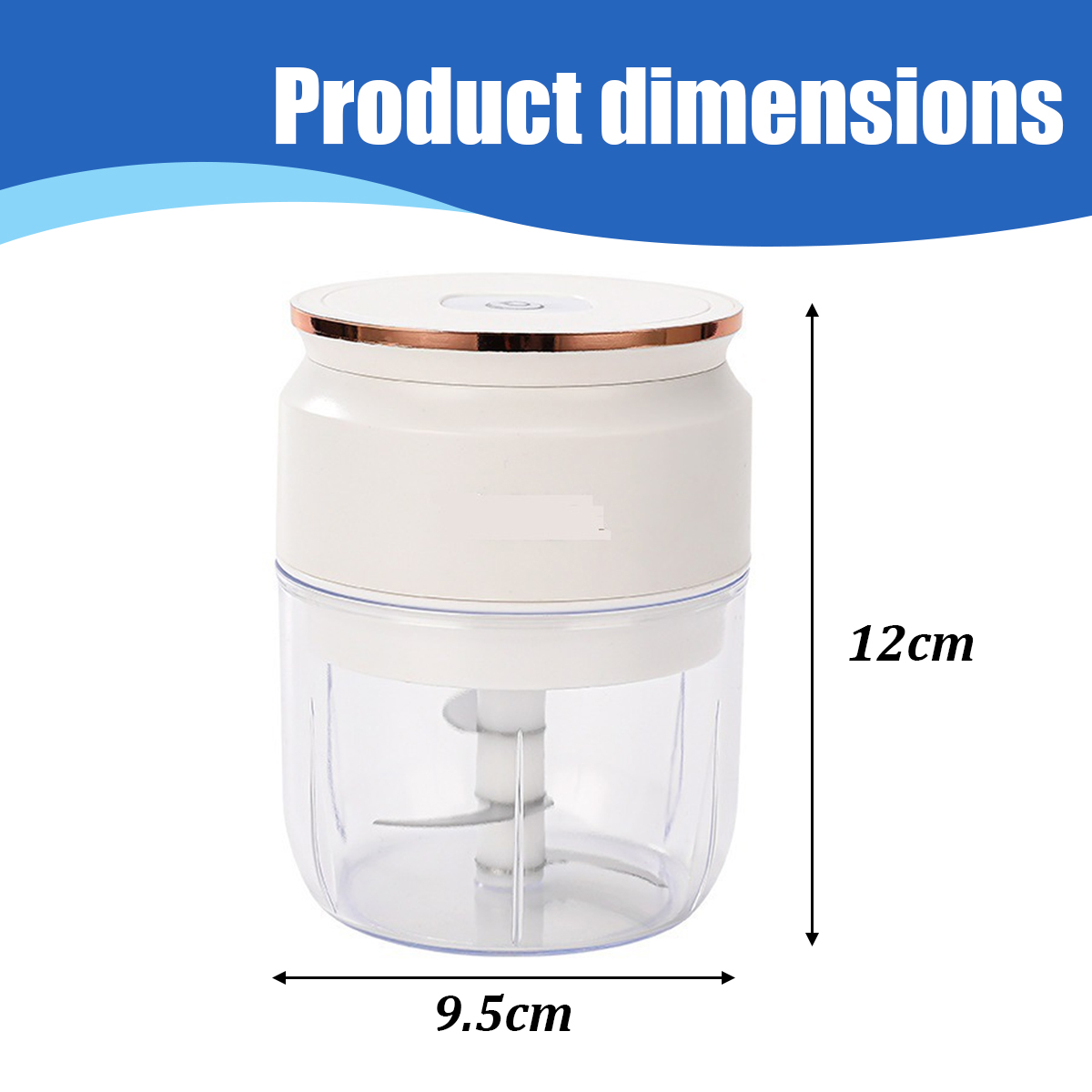 Ein weißer und transparenter Food Processor mit den angegebenen Abmessungen: 9,5 cm Breite und 12 cm Höhe. Blaues Banner oben mit der Aufschrift 'Produktabmessungen'.