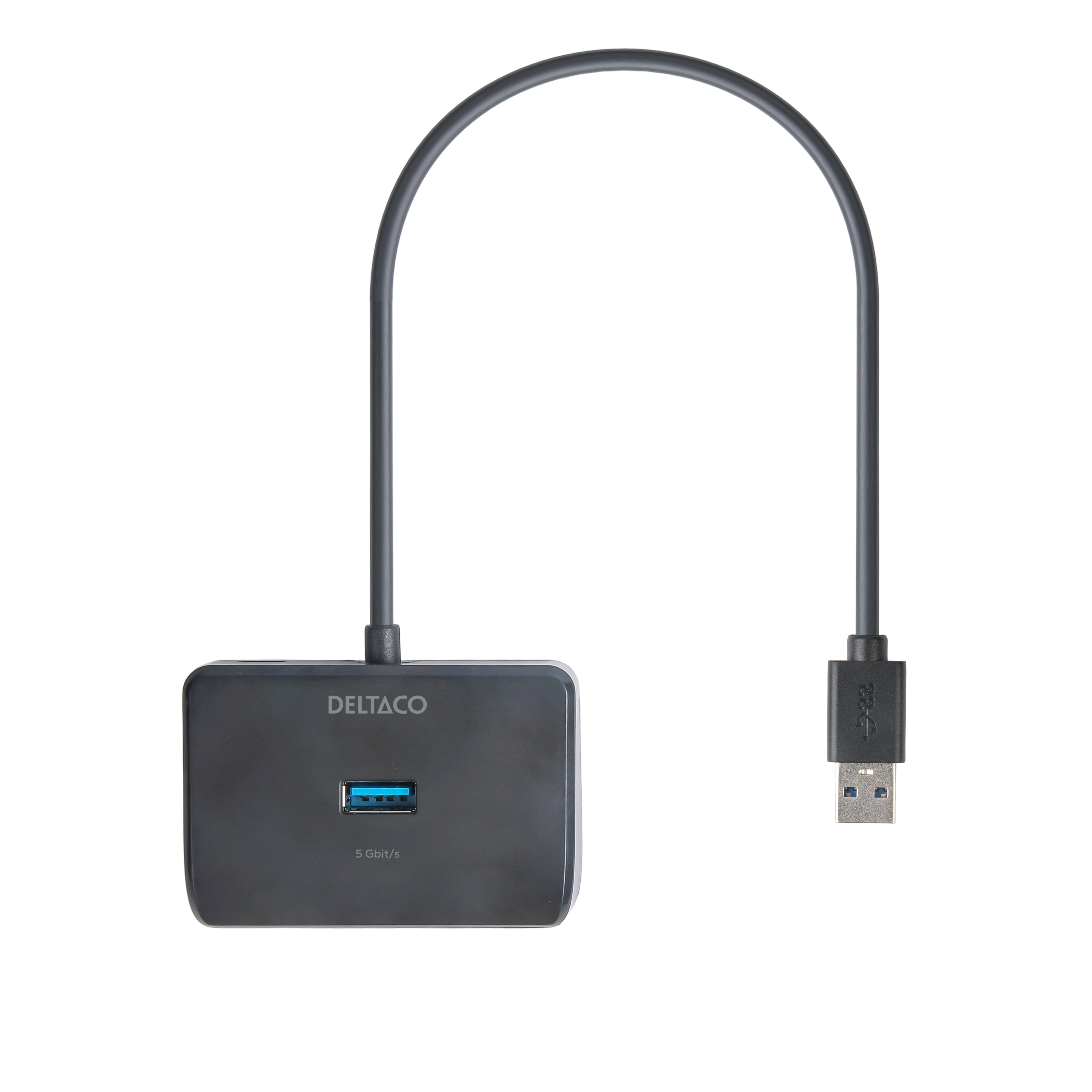 Ein dunkelgrauer USB-Hub mit einem gebogenen Kabel. Er hat einen USB-Anschluss und einen USB-A-Anschluss. Der Hintergrund ist weiß.