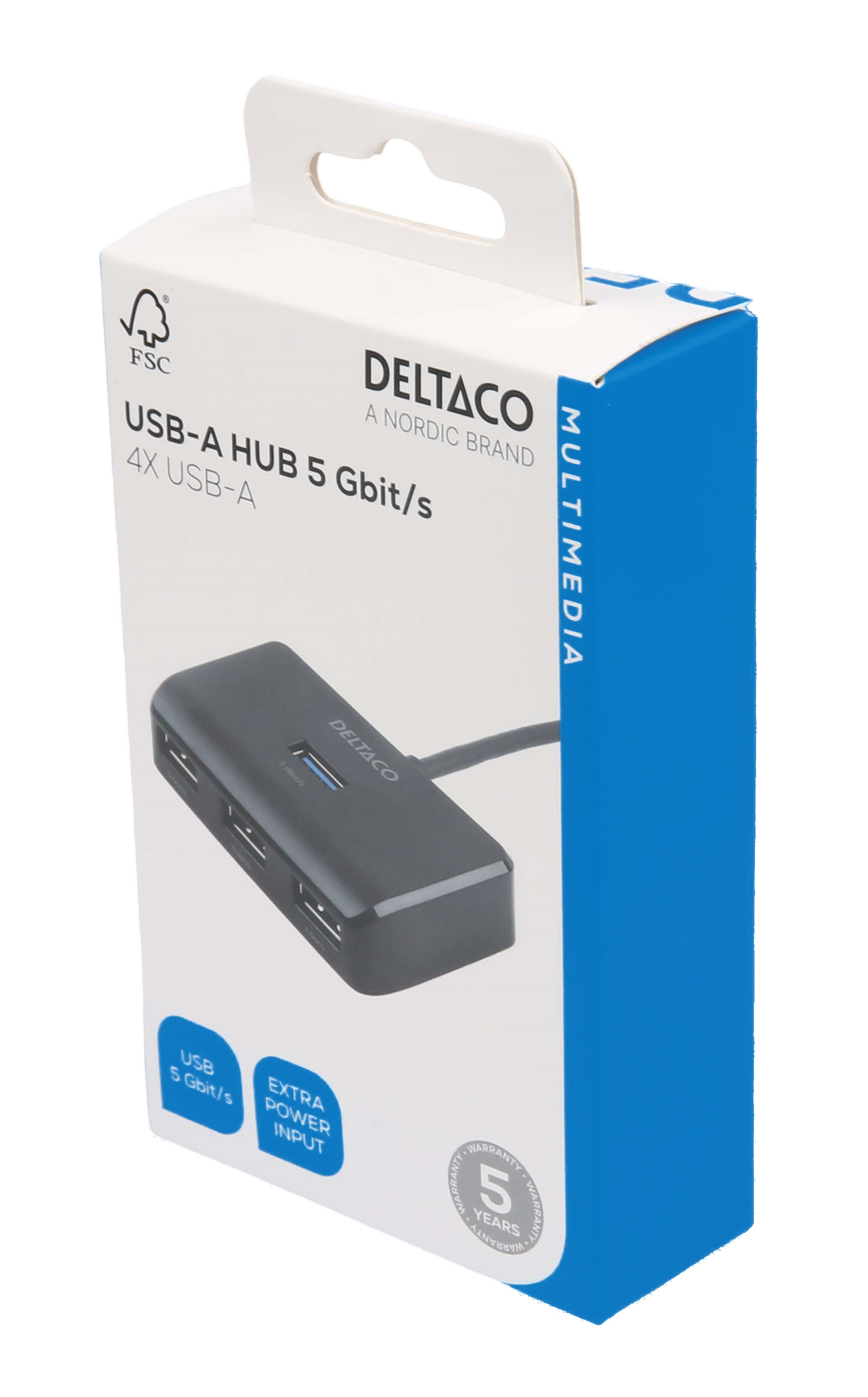 Eine weiße Schachtel mit einem USB-Hub. Die Schachtel hat blaue Akzente und Produktinformationen.