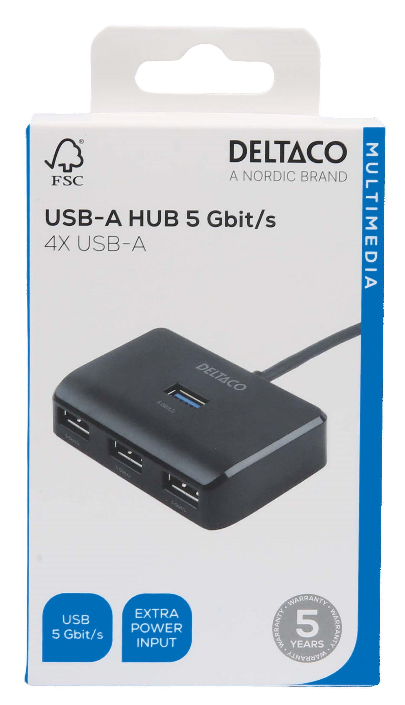 Eine Deltaco USB-A Hub-Box. Die Box hat einen schwarzen Hub mit vier USB-Anschlüssen. Blaue Akzente und Text.