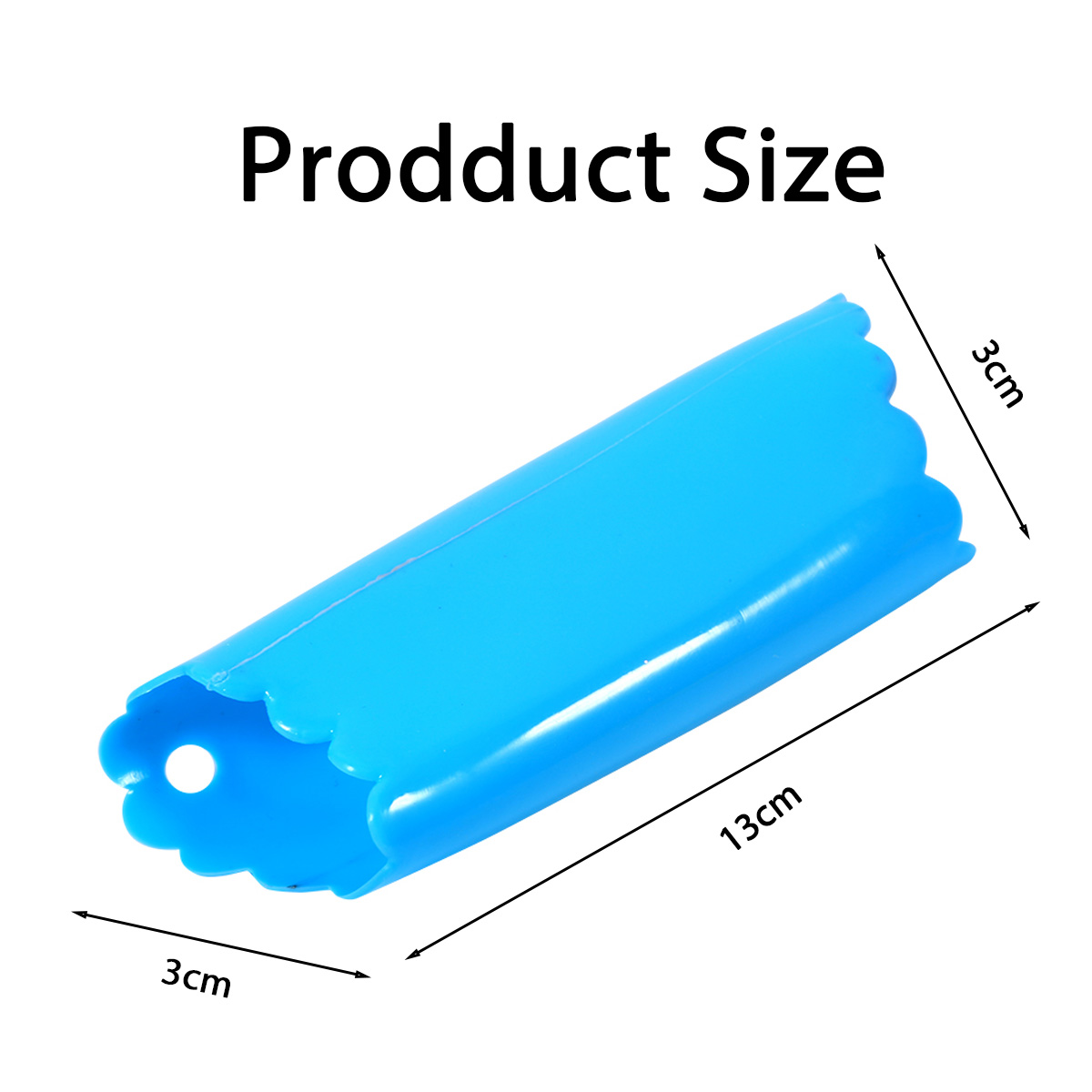 Gezeigt wird ein blaues Küchenutensil aus Kunststoff mit den Maßen: 13 cm lang und 3 cm breit. Der Text 'Produktgröße' steht oben.