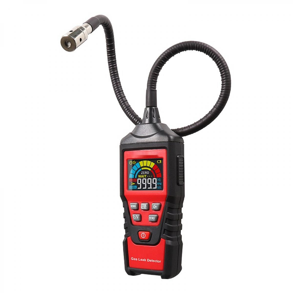 Ein Gaslecksucher mit Digitalanzeige. Er hat eine flexible Sonde und Tasten für verschiedene Funktionen.