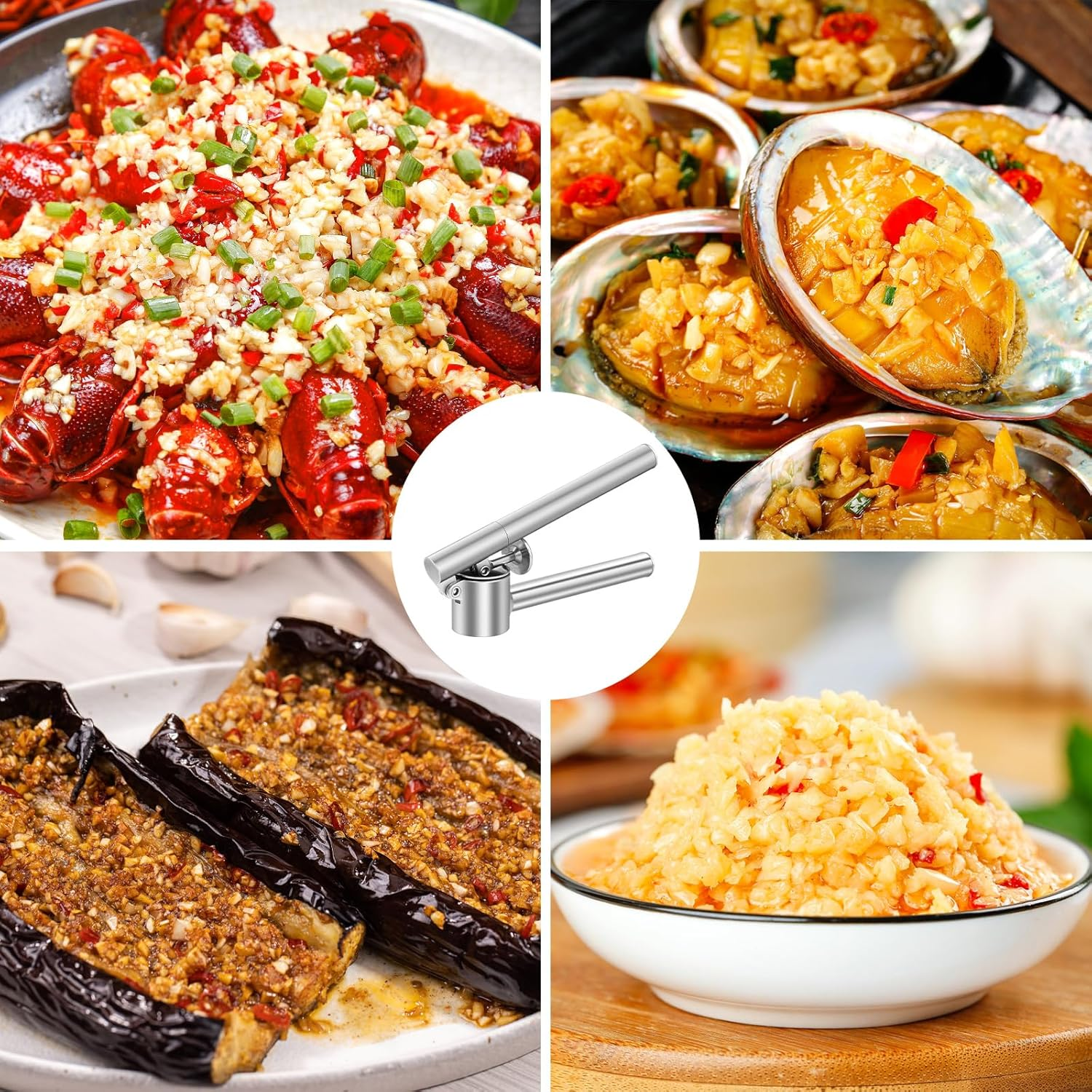 Collage aus vier Gerichten: Krebse mit Knoblauch, Seeohren mit Knoblauch, gefüllte Aubergine und gehackter Knoblauch.