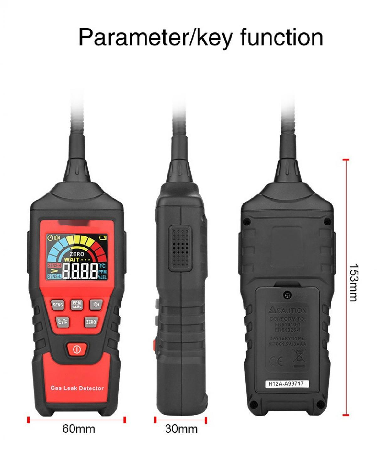 Ein Gasleckdetektor mit Digitalanzeige. Er hat Knöpfe und eine Sonde. Abmessungen sind angegeben.