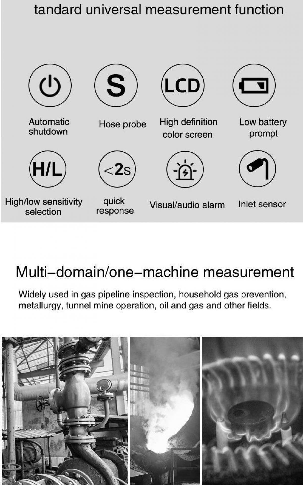 Das Bild zeigt ein Gerät mit Funktionssymbolen und Industrieszenen. Zu den Symbolen gehören Abschaltung, Sonde, Bildschirm, Batterie, Empfindlichkeit, Reaktion, Alarm und Sensor.