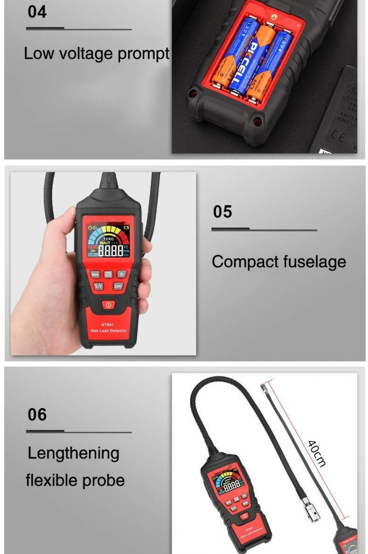 Ein Gasleckdetektor mit digitaler Anzeige, flexiblem Fühler und Batteriefach. Merkmale sind eine Niederspannungsanzeige und ein kompakter Rumpf.