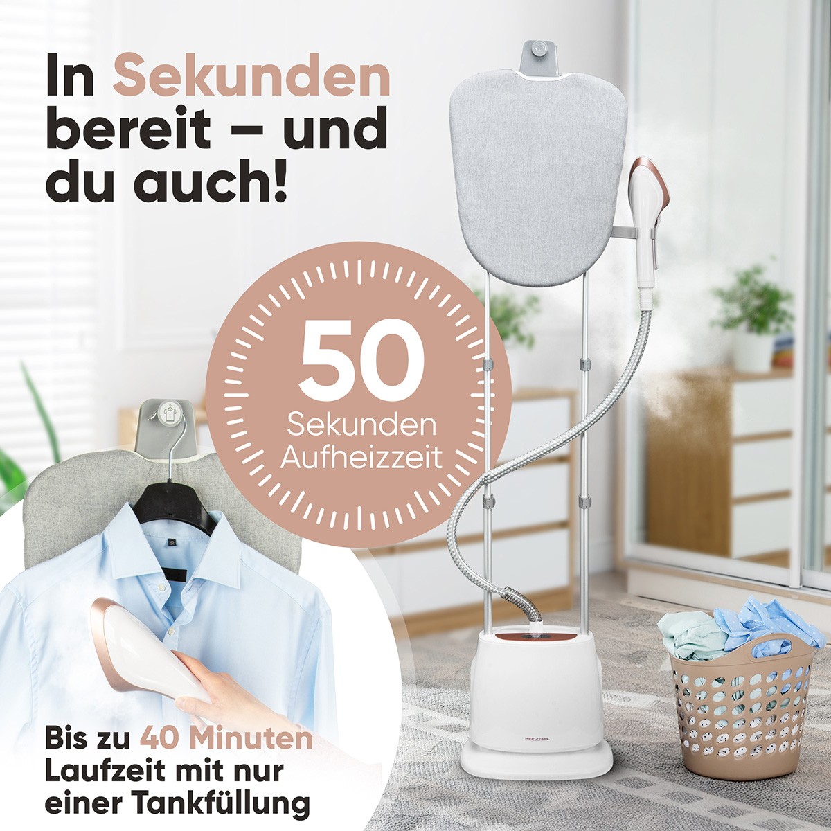 Ein Steamer mit einem Hemd an einem Kleiderbügel, ein Kreis mit 50 Sekunden Text und ein Korb mit Kleidung. Es ist weiß und bronze.
