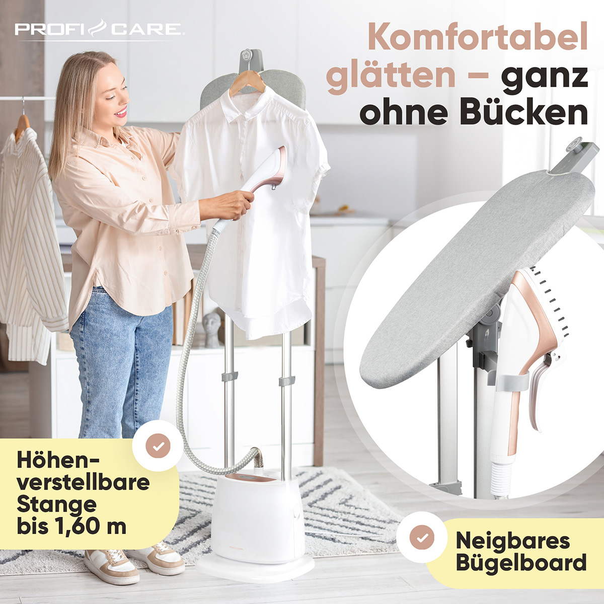 Eine Frau bügelt ein weißes Hemd auf einem Steamer. Rechts ein Bügelbrett. Text: 'Bequemes Bügeln ohne Bücken'.