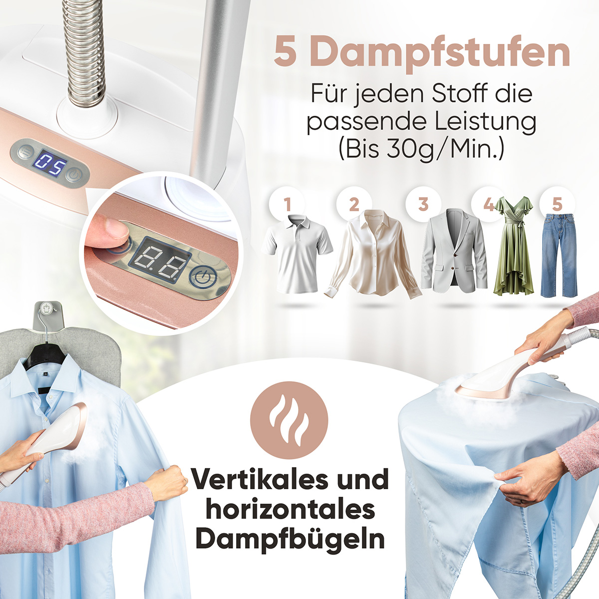 Ein Bügeleisen dampft ein blaues Hemd. Kleiderbeispiele sind gezeigt. Text lautet '5 Dampfstufen' und 'vertikales und horizontales Bügeln'.