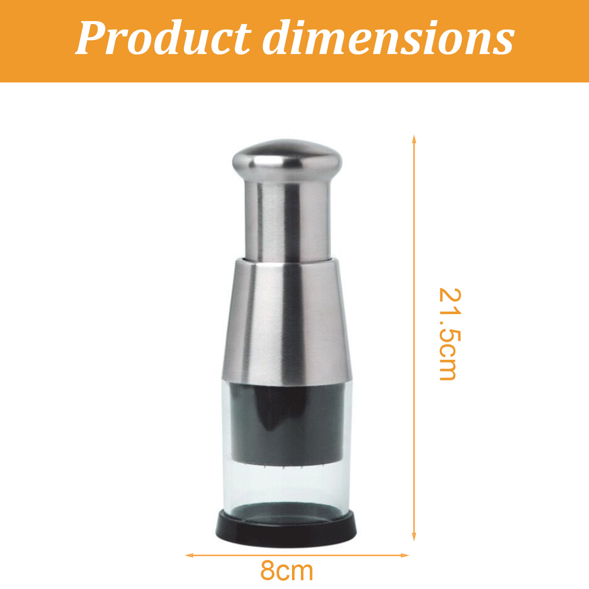 Ein Edelstahl-Zerkleinerer mit klarem Glas und schwarzem Sockel. Abmessungen: 8 cm breit und 21,5 cm hoch. Text: Produktabmessungen.