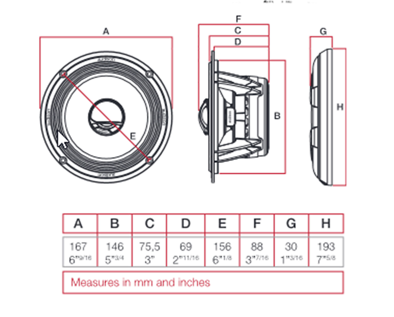 Diagramm eines Lautsprechers mit Abmessungen in mm und Zoll. Enthält Vorder-, Seiten- und Profilansichten mit beschrifteten Messungen.