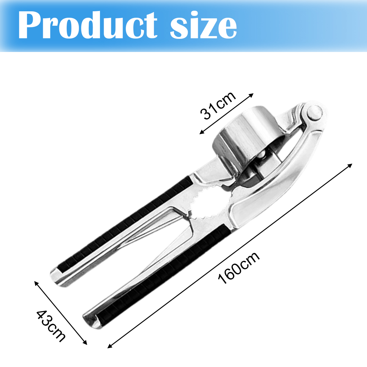 Eine Knoblauchpresse aus Metall mit abgebildeten Abmessungen. Sie hat schwarze Griffe, einen silbernen Presskopf und Größenangaben: 31 cm, 160 cm und 43 cm.