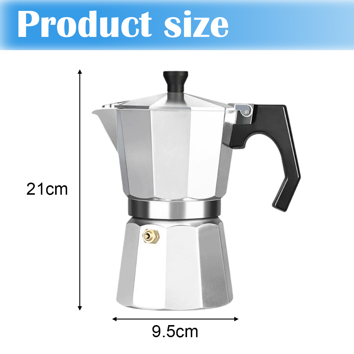 Ein silberner italienischer Kaffeezubereiter mit schwarzem Griff. Produktgröße: 21 cm Höhe, 9,5 cm Breite. Text 'Produktgröße' oben.