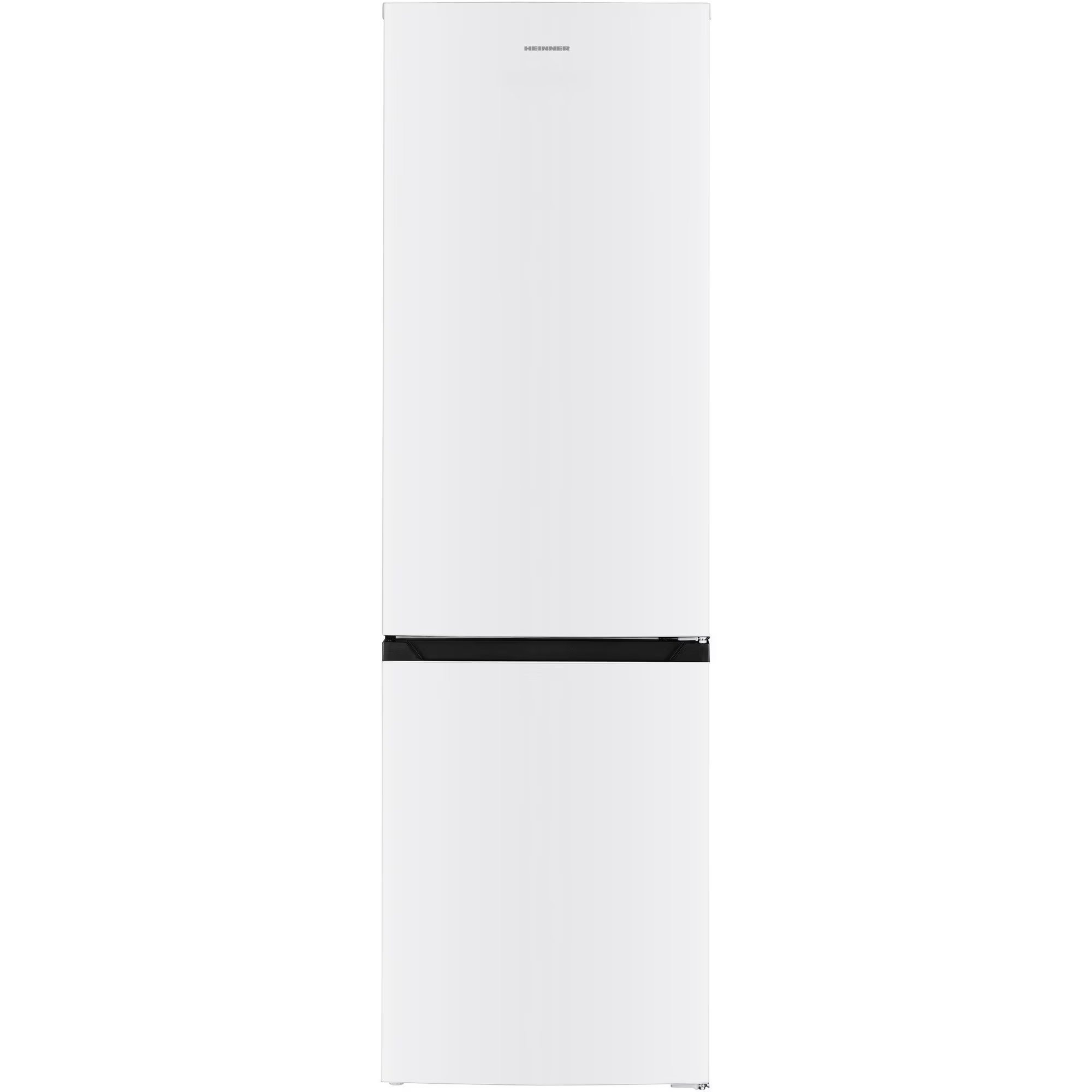 Ein weißer Kühlschrank mit einem schwarzen Balken im unteren Teil. Der Markenname 'HEINNER' steht oben.