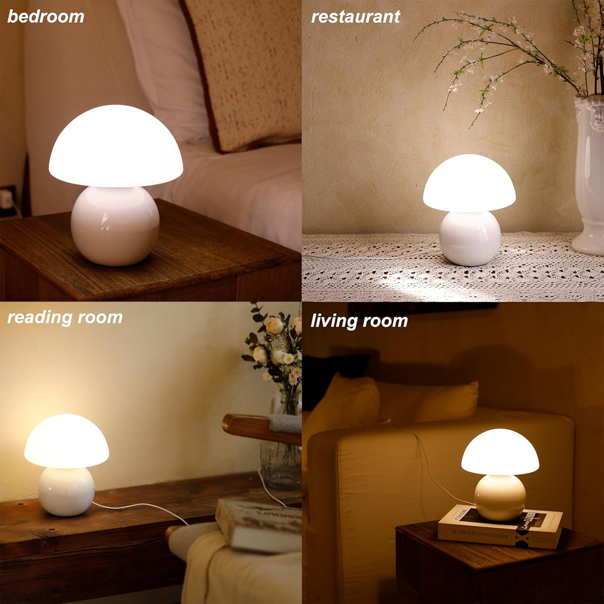 Eine weiße Pilzlampe wird in vier verschiedenen Umgebungen gezeigt: Schlafzimmer, Restaurant, Leseraum und Wohnzimmer. Sie strahlt sanftes Licht aus.