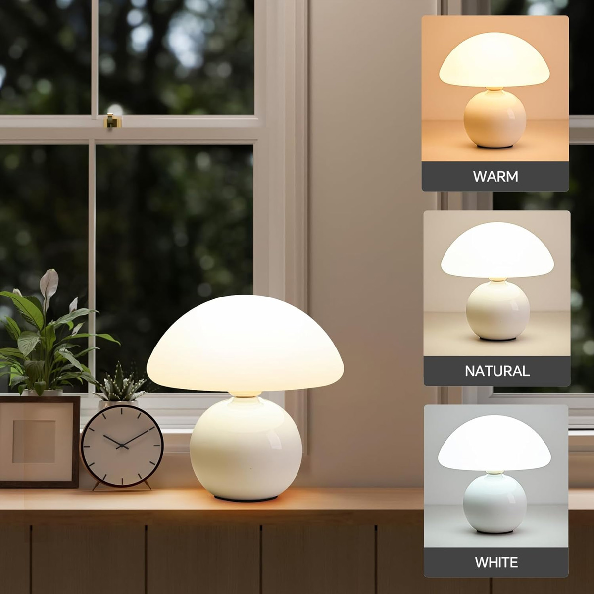 Eine weiße Pilzlampe auf einem Holztisch neben einem Fenster. Drei Lichteinstellungen: warm, natürlich und weiß.